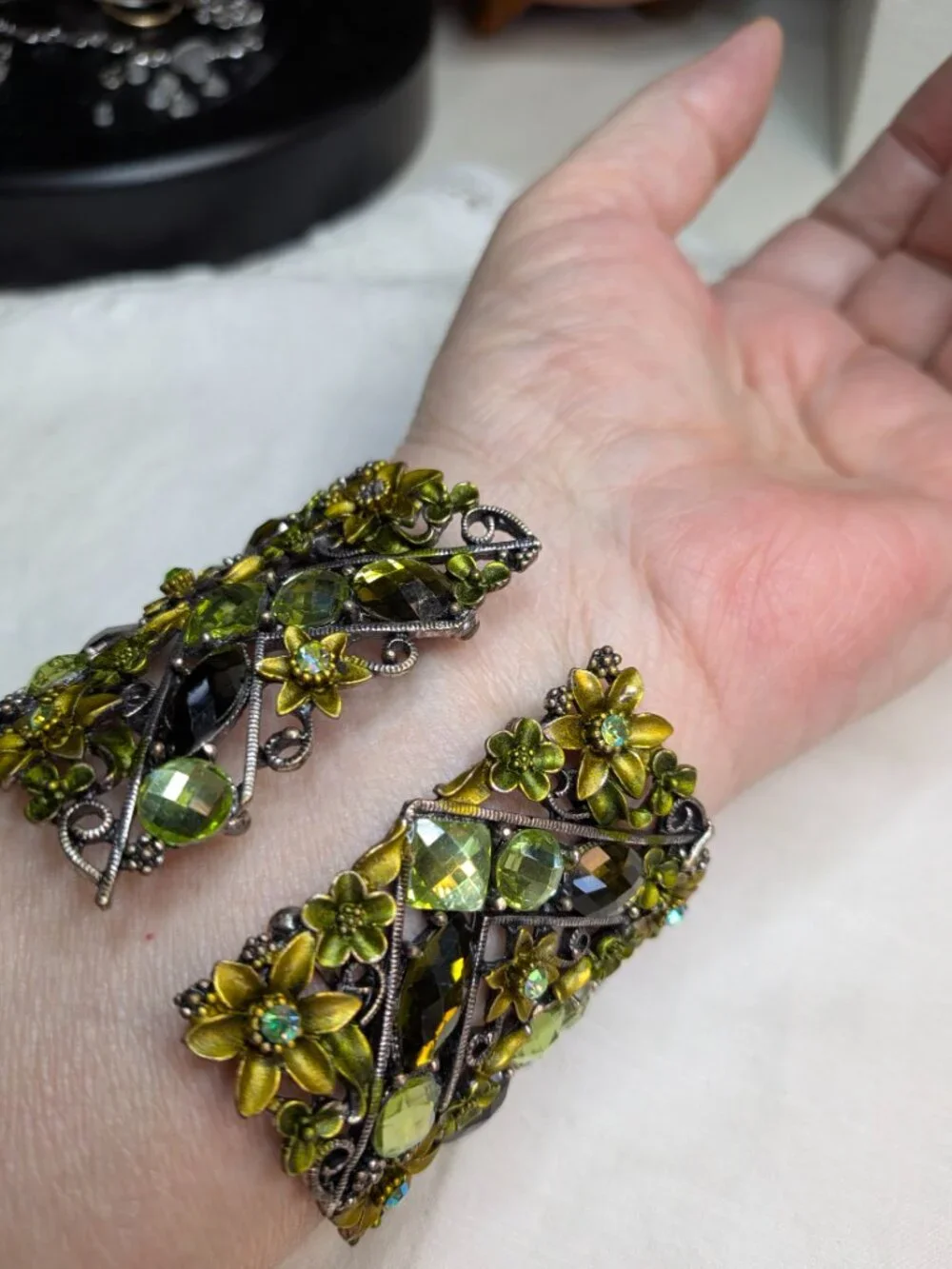 Vintage Enameled Green Rhinestone Floral Cuff Bracelet
